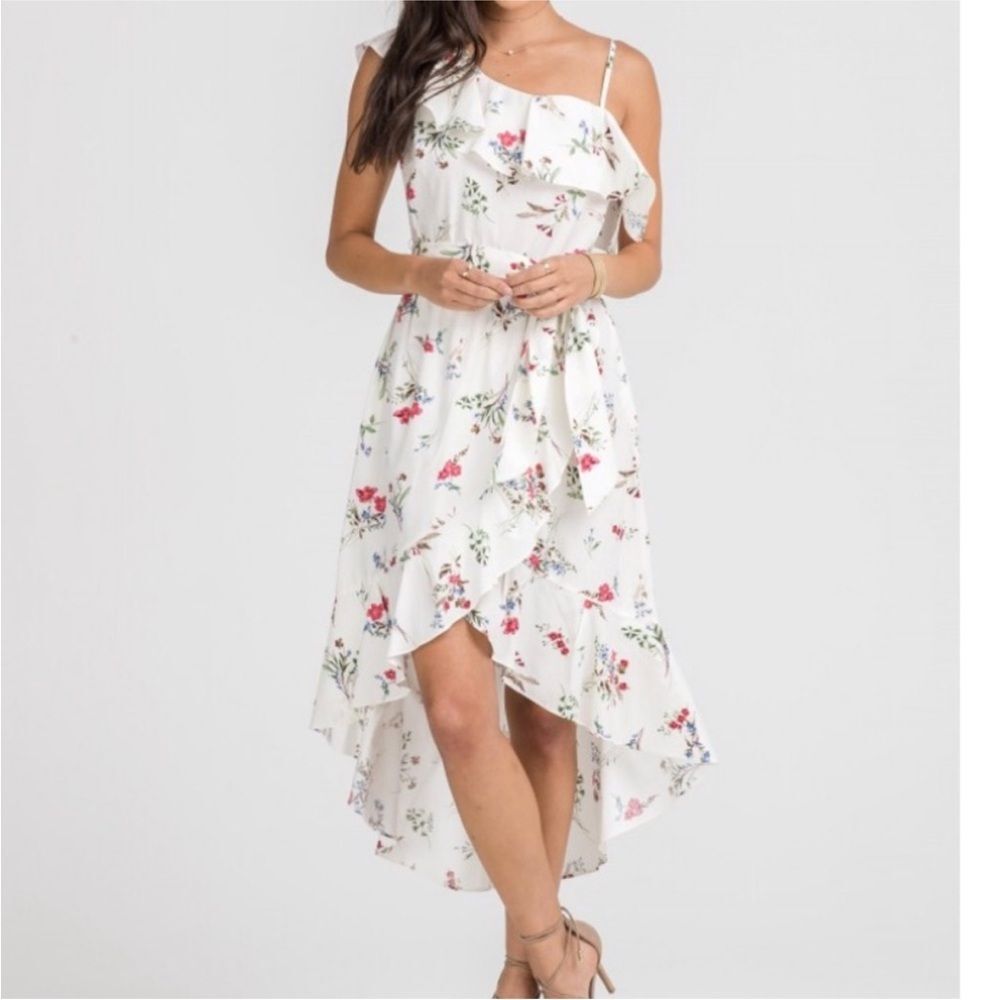 Lush White Floral High-Low Ruffle Dress